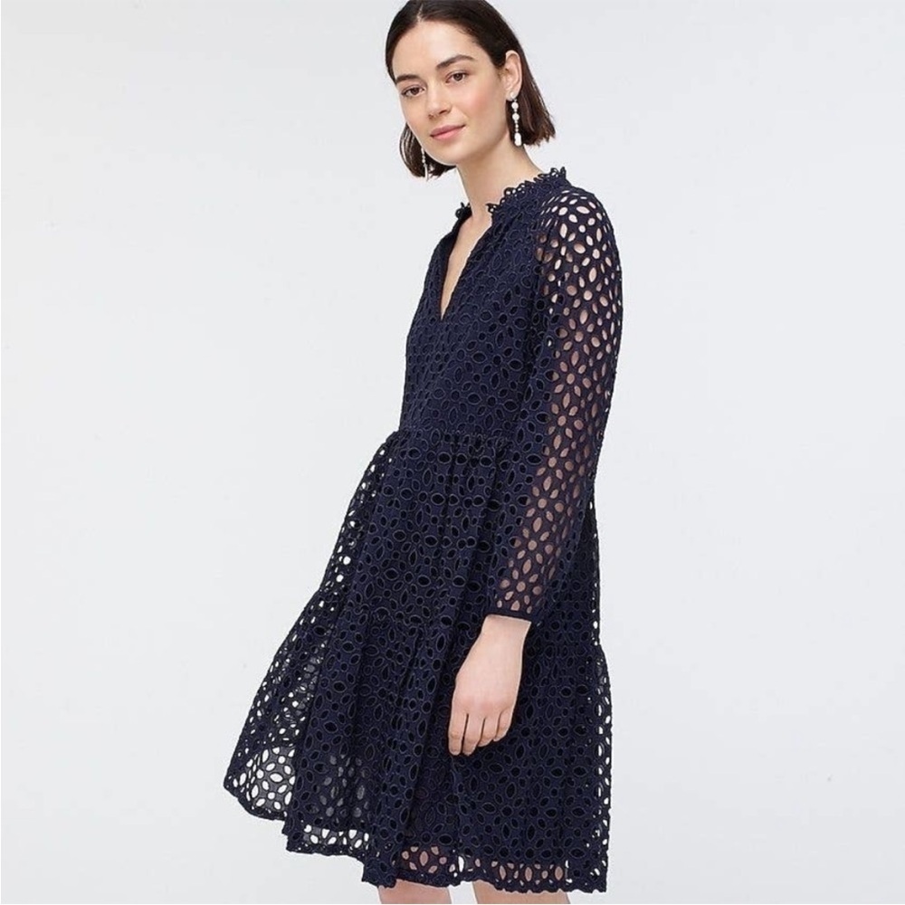 J. Crew Rebecca navy blue eyelet long sleeve dress size small petite